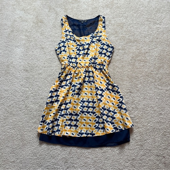 Living Doll Mini Dress Pockets Bird Print Yellow Blue Women's Size M - Picture 1 of 16